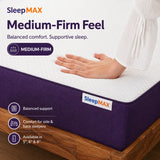 A SleepMAX mattress shown at an angle on a wooden bed frame, with a person's hand resting on the white quilted top surface. The mattress has a white top and a deep purple side panel.