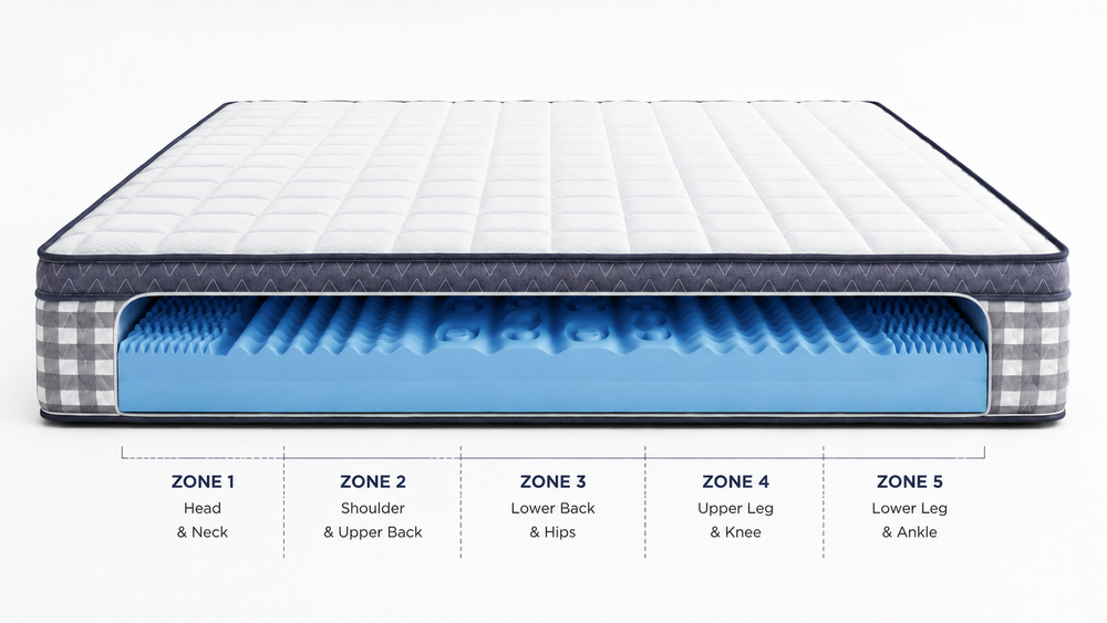 Cross-section of a Sleepmax 5-zone mattress showing the five support zones