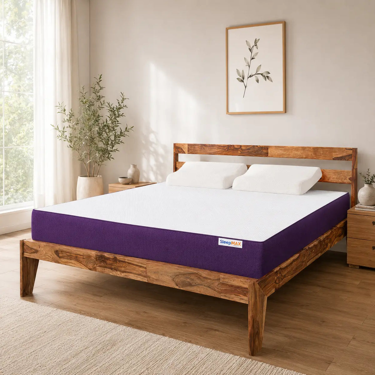 A twin-size mattress with a white top and purple sides is shown on a rustic wooden bed frame in a bright, modern bedroom. The brand name 'Sleepmax' is visible on a small label on the side of the mattress.